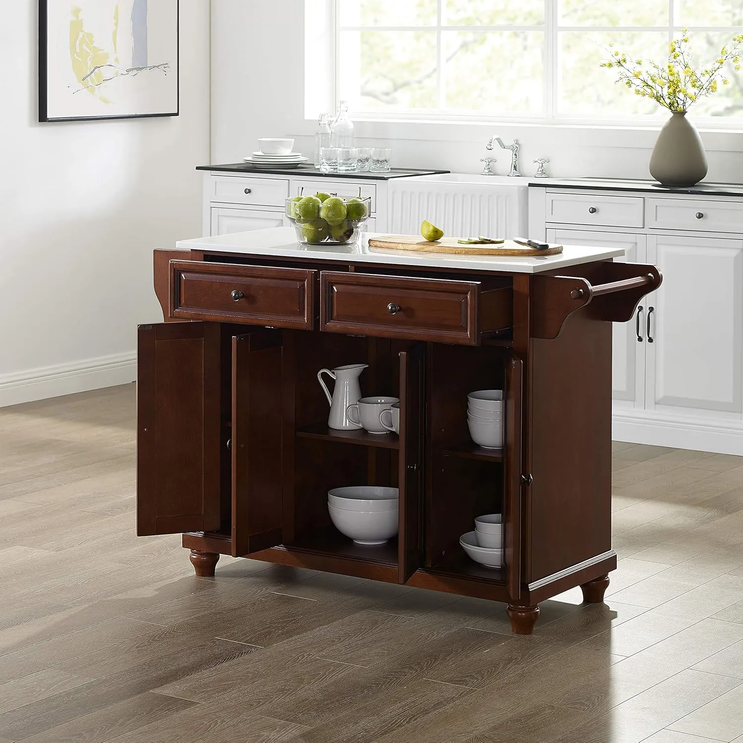 Crosley Furniture Cambridge Stone Top Rolling Kitchen Island Storage Cart, Microwave Stand, Spice Rack, Mahogany