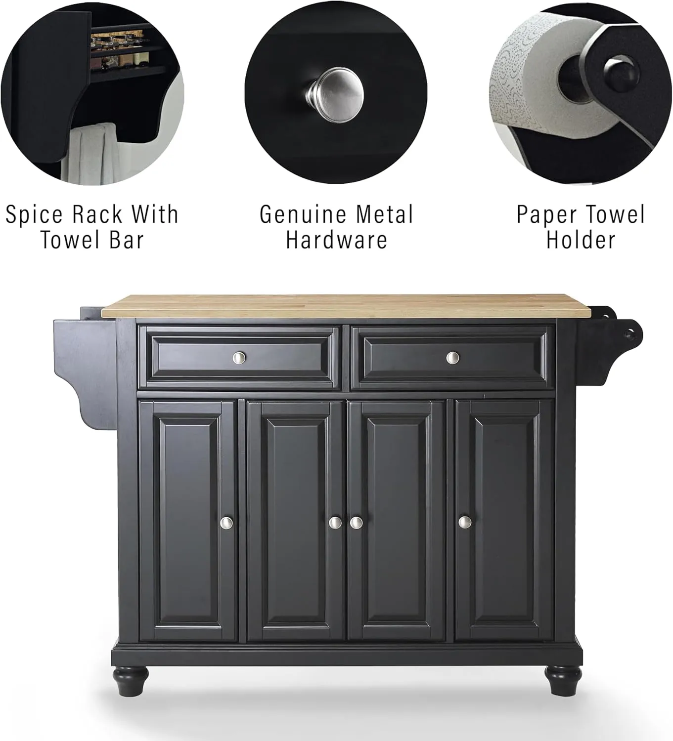 Crosley Furniture Cambridge Wood Top Rolling Kitchen Island Storage Cart, Microwave Stand, Spice Rack, Black