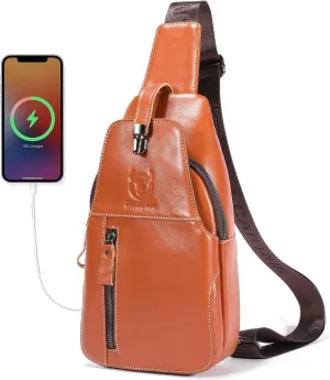 Cross Body Bag Genuine Leather Sling Bags for Men Shoulder Bag with USB Charging Port Backpack for Travel