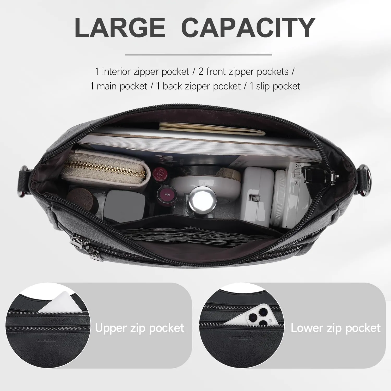 Crossbody Bags for Women Leather Purse Trendy Multi Pocket Shoulder Handbags with Adjustable Guitar Strap