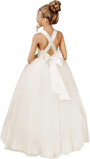 Crossed Straps Flower Girl Dress Satin Long Prom Dress with Bow Puffy Tulle Kids Pageant Dresses for Girls