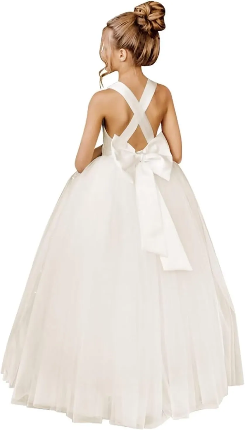 Crossed Straps Flower Girl Dress Satin Long Prom Dress with Bow Puffy Tulle Kids Pageant Dresses for Girls