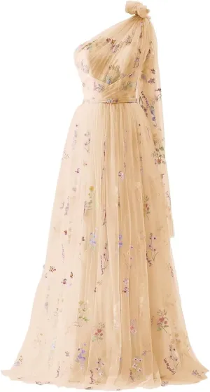Cudiew Flower Embroidery Tulle Prom Dress for Women One Shoulder Formal Floral Party Gowns Floor Length