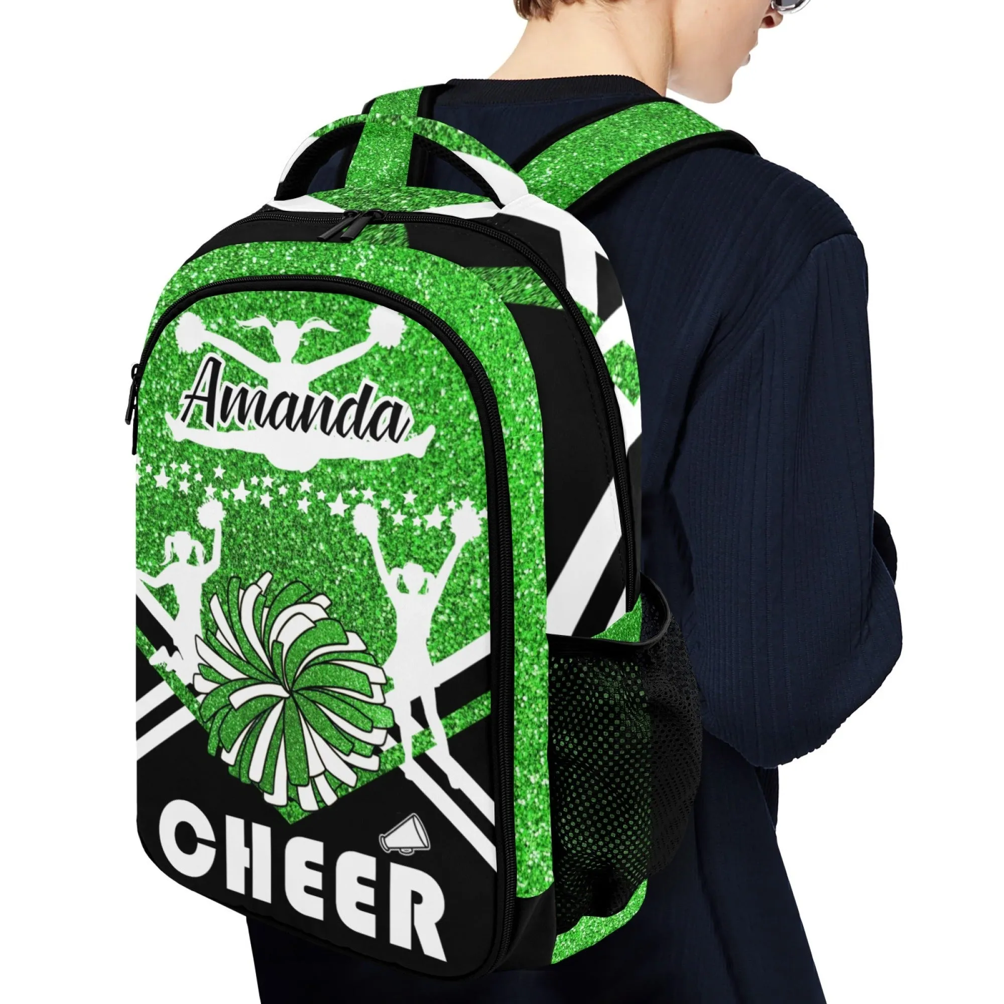 Custom Cheer Cheerleader Green Blue Gold Orange Black Purple Fashion Student's Name Backpack