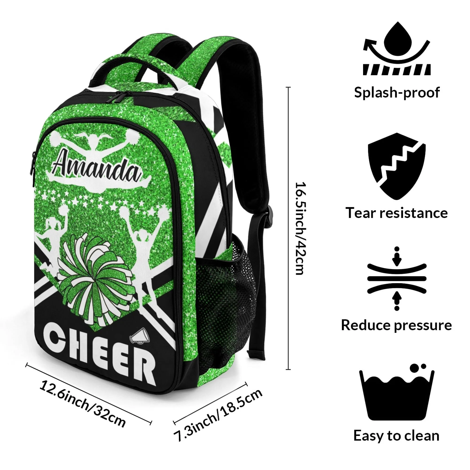 Custom Cheer Cheerleader Green Blue Gold Orange Black Purple Fashion Student's Name Backpack