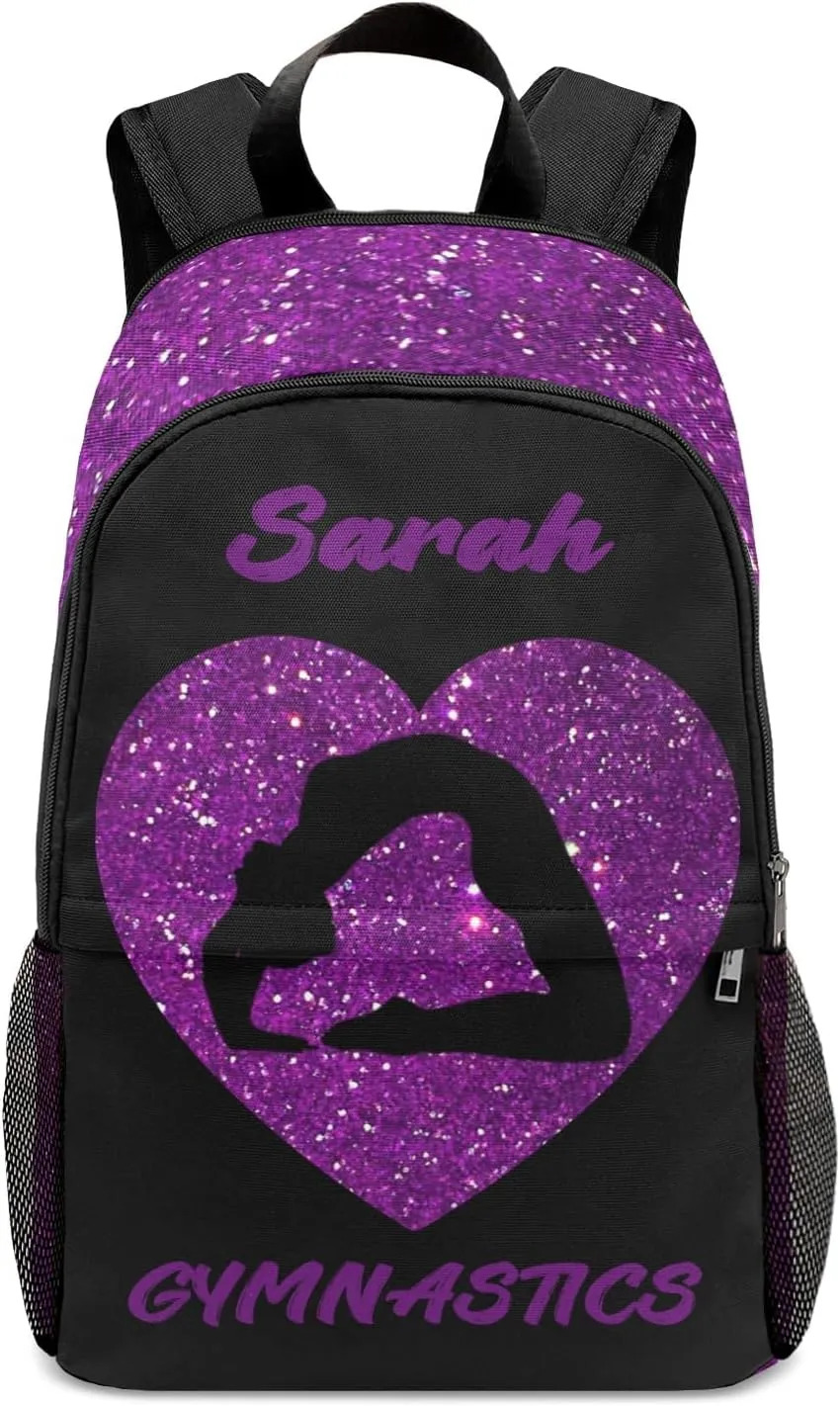 Customized Gymnastics Purple Bling Print Backpack Personalized Name Schoolbag Multipurpose Daypack Sport Casual Travel Bags for Teen Adult