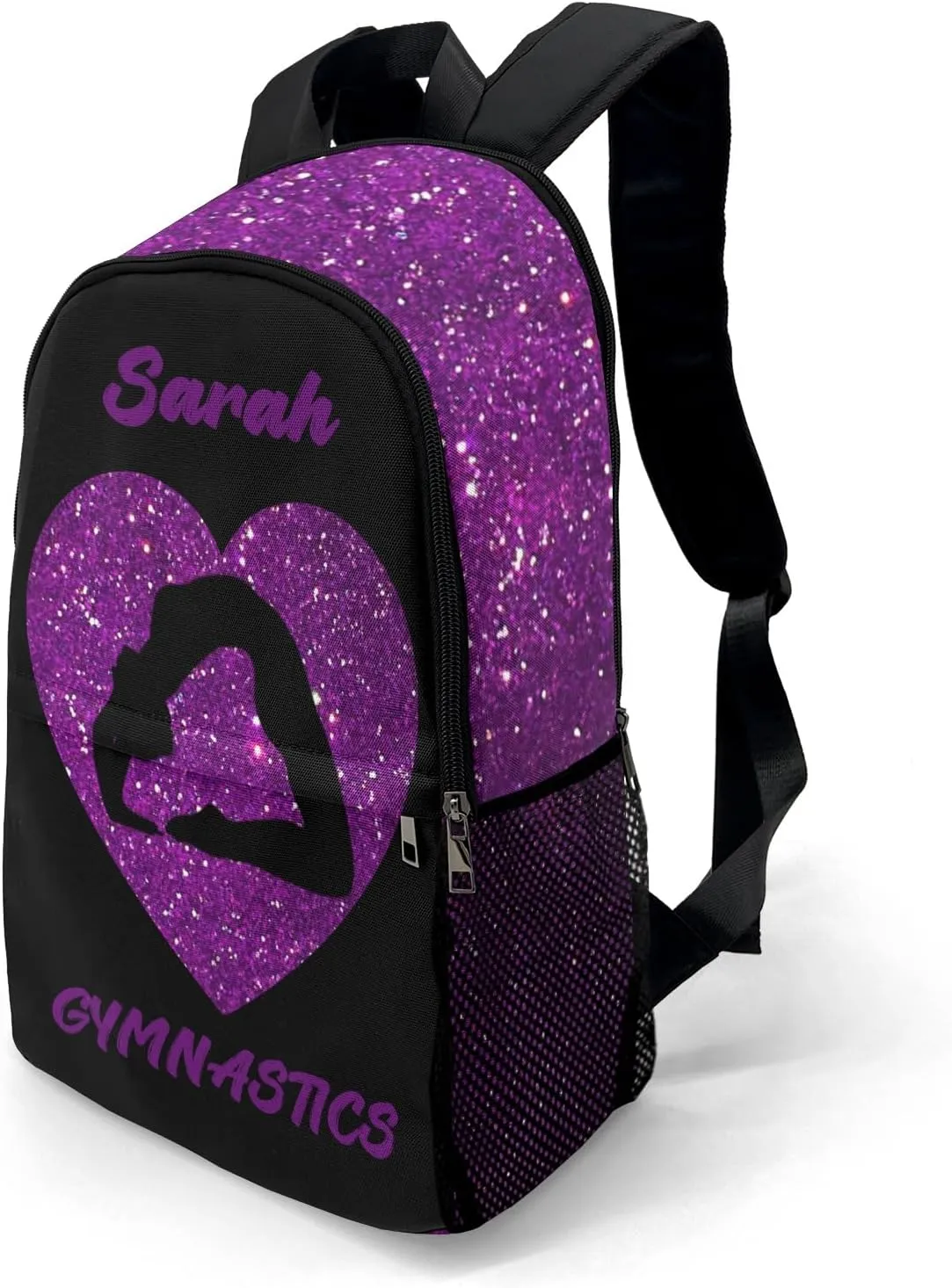 Customized Gymnastics Purple Bling Print Backpack Personalized Name Schoolbag Multipurpose Daypack Sport Casual Travel Bags for Teen Adult