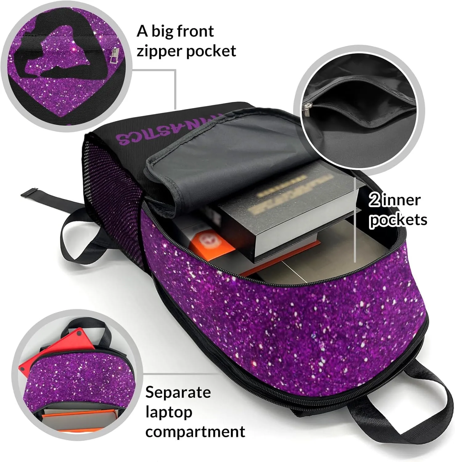 Customized Gymnastics Purple Bling Print Backpack Personalized Name Schoolbag Multipurpose Daypack Sport Casual Travel Bags for Teen Adult