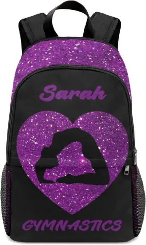Customized Gymnastics Purple Bling Print Backpack Personalized Name Schoolbag Multipurpose Daypack Sport Casual Travel Bags for Teen Adult