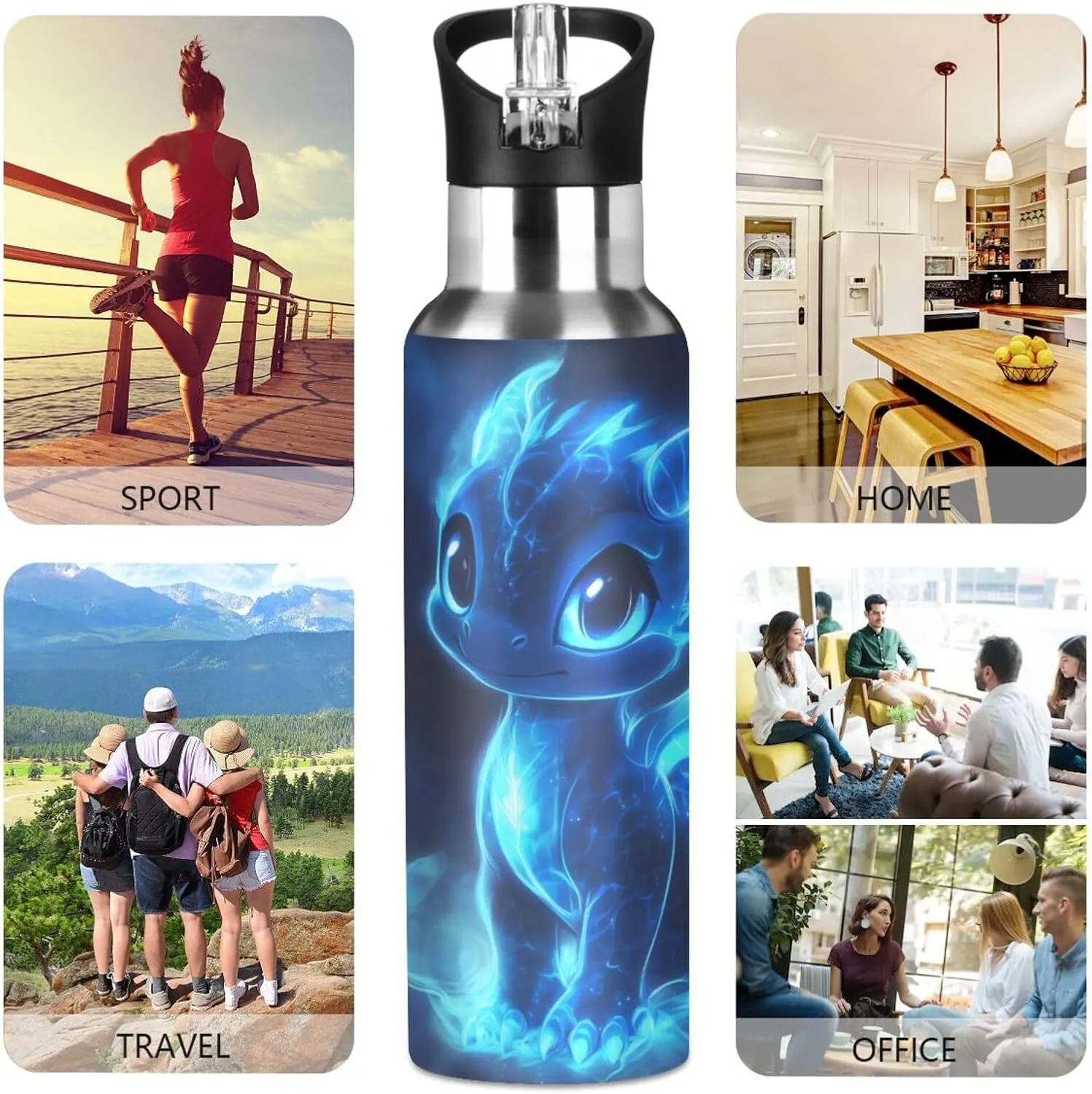 Cute Blue Glowing Dragon Water Bottle Leakproof Insulated Stainless Steel Hot Cold Water Flask with Straw Lid for Sports Travel 20 oz