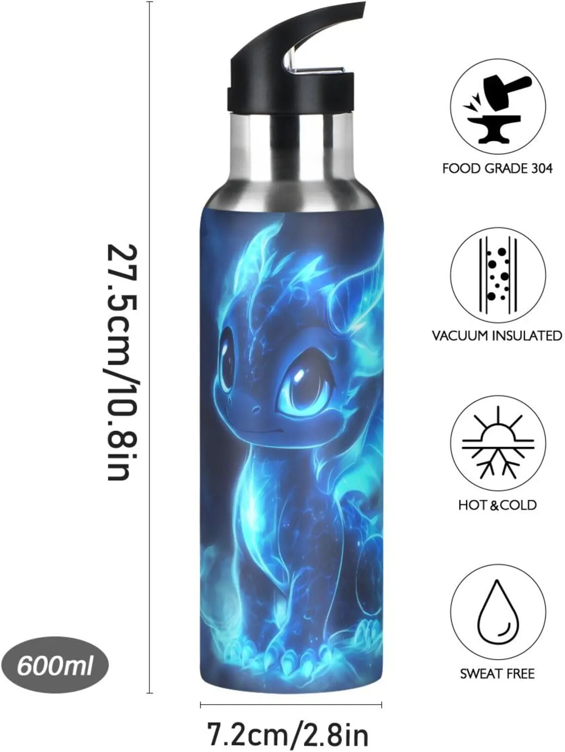 Cute Blue Glowing Dragon Water Bottle Leakproof Insulated Stainless Steel Hot Cold Water Flask with Straw Lid for Sports Travel 20 oz