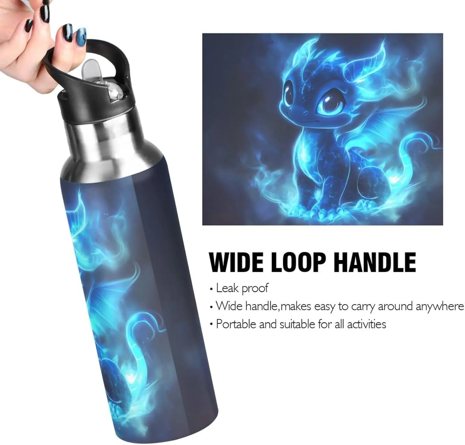 Cute Blue Glowing Dragon Water Bottle Leakproof Insulated Stainless Steel Hot Cold Water Flask with Straw Lid for Sports Travel 20 oz