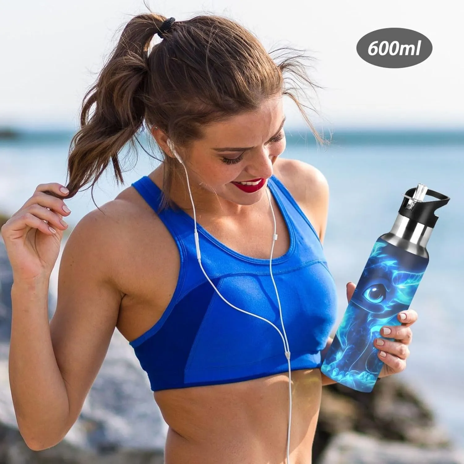 Cute Blue Glowing Dragon Water Bottle Leakproof Insulated Stainless Steel Hot Cold Water Flask with Straw Lid for Sports Travel 20 oz