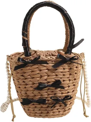 Cute Bow Summer Straw Bag with Pearl Chain Strap Casual Tote Bag Large Holiday Travel Handbag Crossbody Bag for Wo