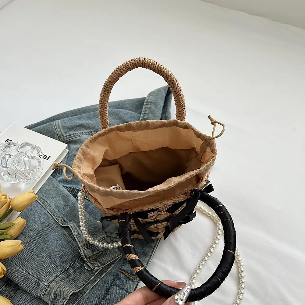 Cute Bow Summer Straw Bag with Pearl Chain Strap Casual Tote Bag Large Holiday Travel Handbag Crossbody Bag for Wo