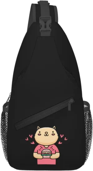 Cute Cat Holding A Burger Crossbody Bags For Women Men Chest Backpack Gym Shoulder Bag Travel Outdoor Sports Casual Crossbody Bags