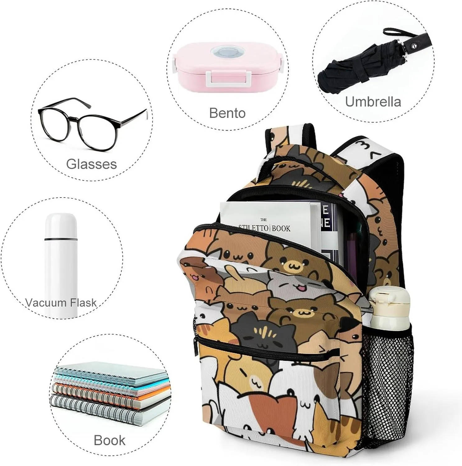 Cute Cats Cup Backpack Cartoon Kitten Large computer Bags with Chest Strap,Lightweight Casual Daypack for Women Men Hiking Travel Work and Business 16 Inch