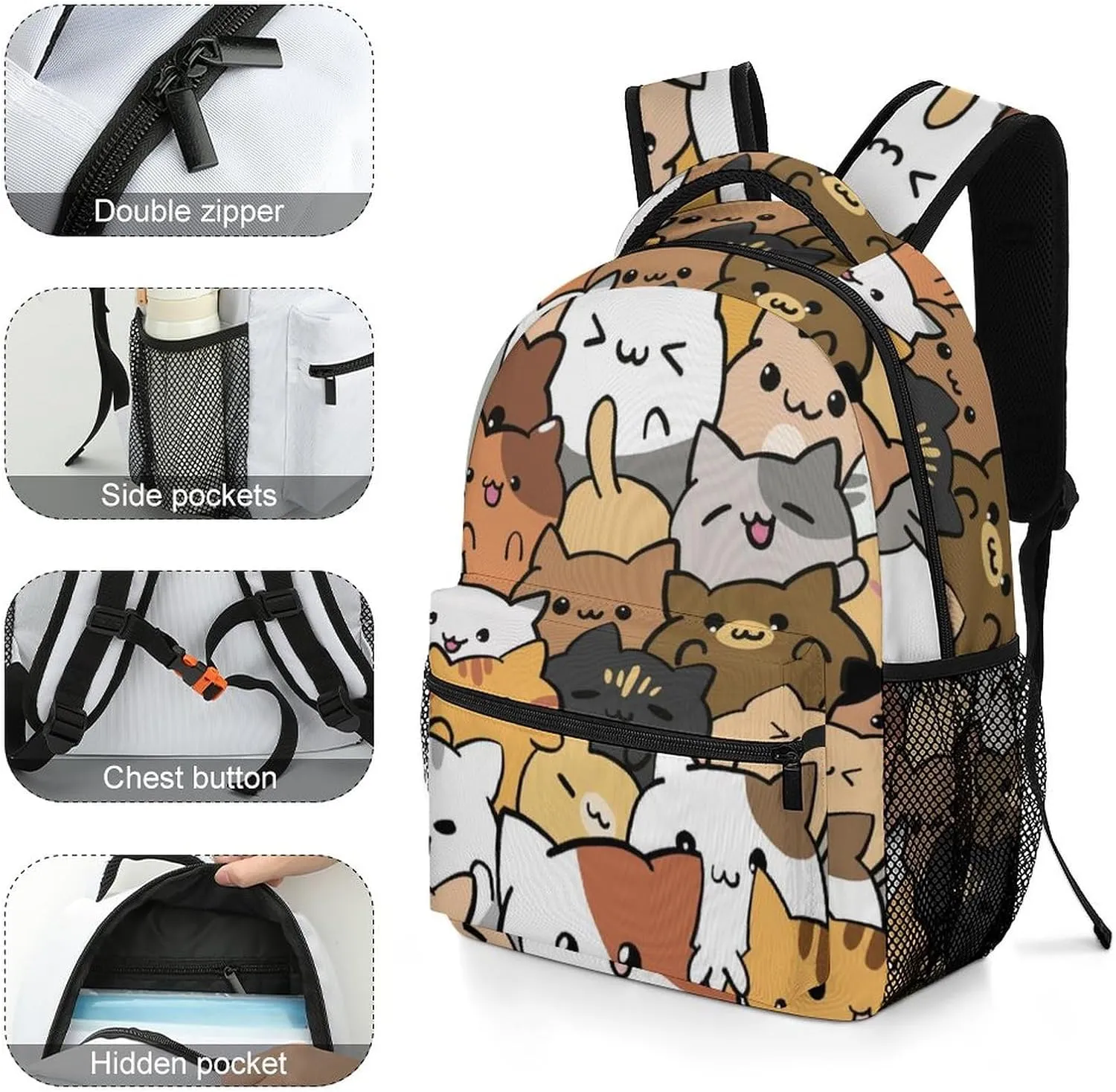 Cute Cats Cup Backpack Cartoon Kitten Large computer Bags with Chest Strap,Lightweight Casual Daypack for Women Men Hiking Travel Work and Business 16 Inch