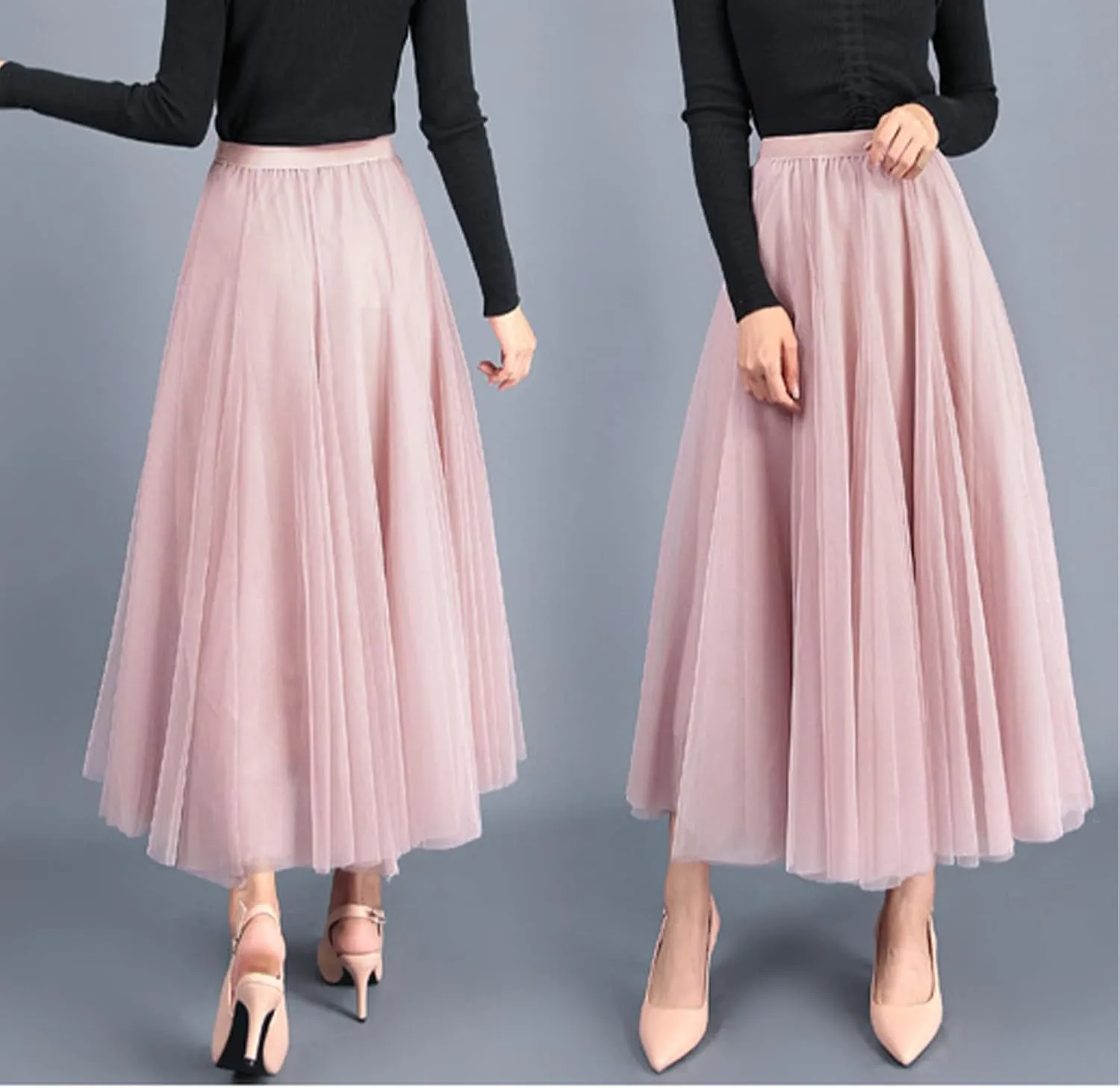 Daysskk Women's Tulle Skirt Elegant Pleated Skirts for Women Midi Length Elastic Waist