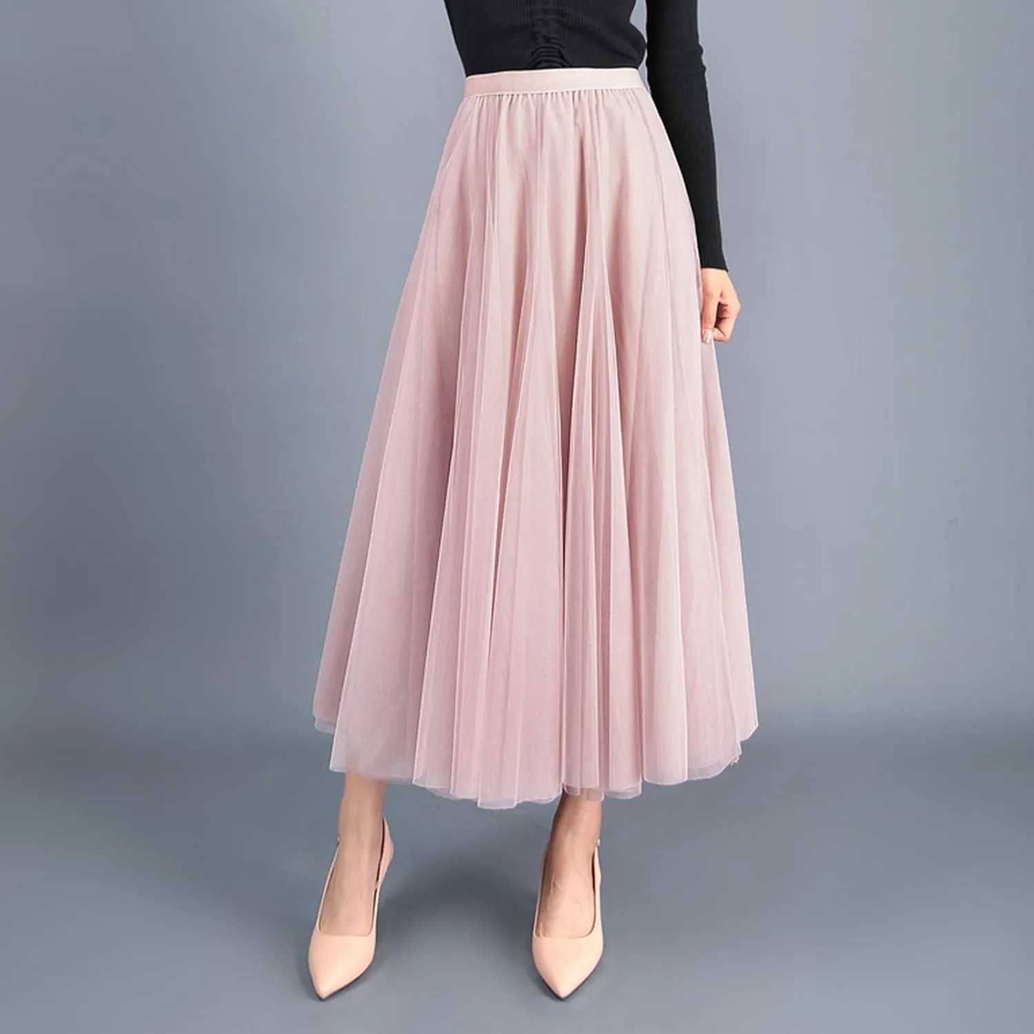Daysskk Women's Tulle Skirt Elegant Pleated Skirts for Women Midi Length Elastic Waist