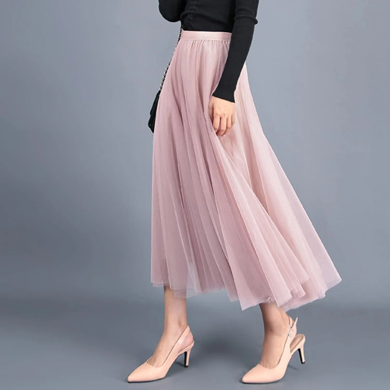 Daysskk Women's Tulle Skirt Elegant Pleated Skirts for Women Midi Length Elastic Waist
