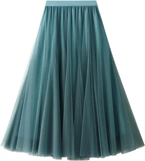 Daysskk Women's Tulle Skirt Elegant Pleated Skirts for Women Midi Length Elastic Waist