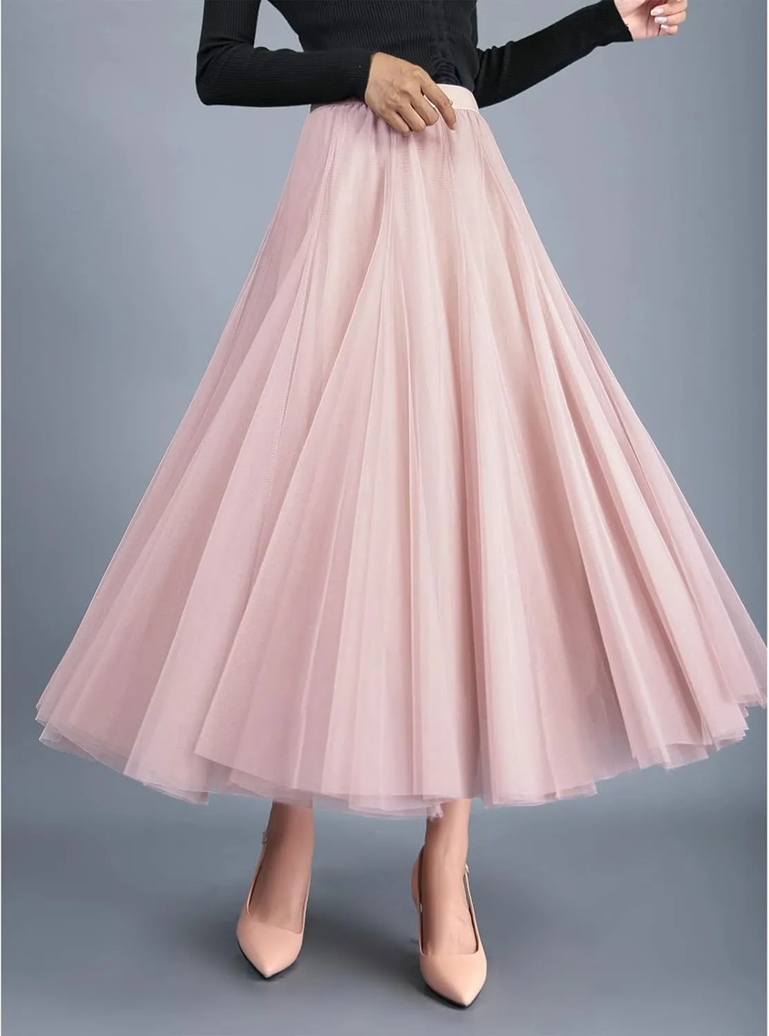 Daysskk Women's Tulle Skirt Elegant Pleated Skirts for Women Midi Length Elastic Waist