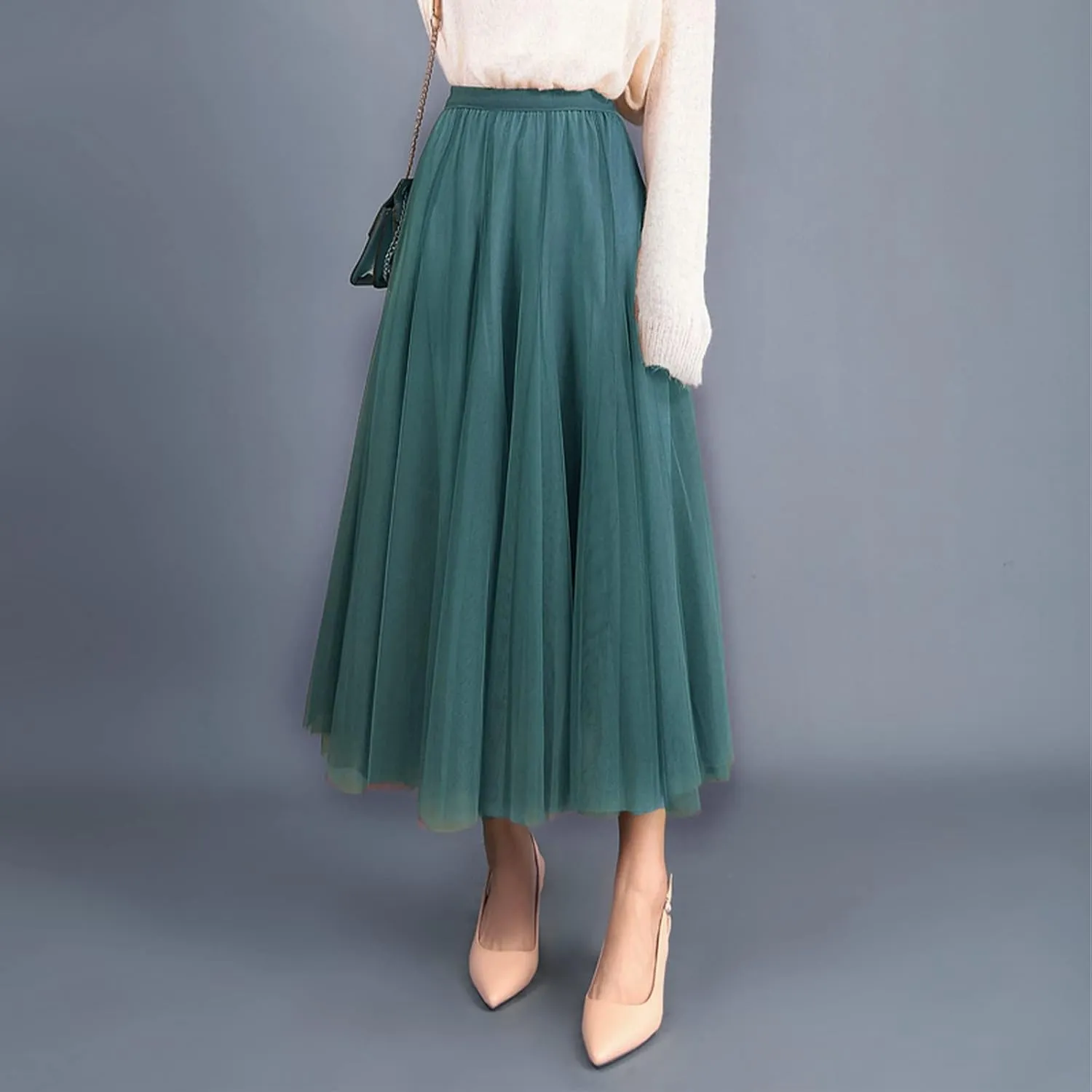 Daysskk Women's Tulle Skirt Elegant Pleated Skirts for Women Midi Length Elastic Waist