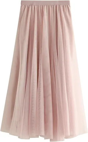 Daysskk Women's Tulle Skirt Elegant Pleated Skirts for Women Midi Length Elastic Waist