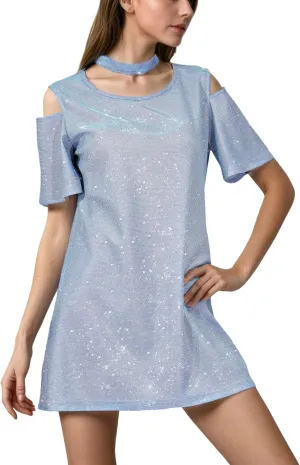 DAZCOS Sequin T-Shirt Dress for Women Sparkly Glitter Skirt for Party Night Casual Holiday