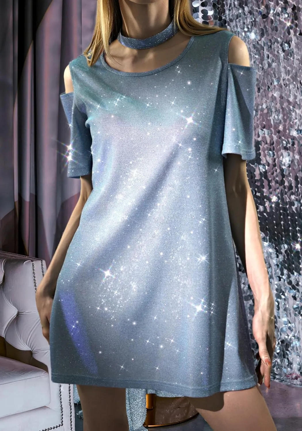 DAZCOS Sequin T-Shirt Dress for Women Sparkly Glitter Skirt for Party Night Casual Holiday