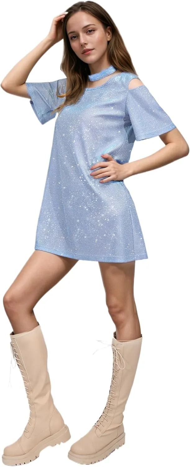 DAZCOS Sequin T-Shirt Dress for Women Sparkly Glitter Skirt for Party Night Casual Holiday