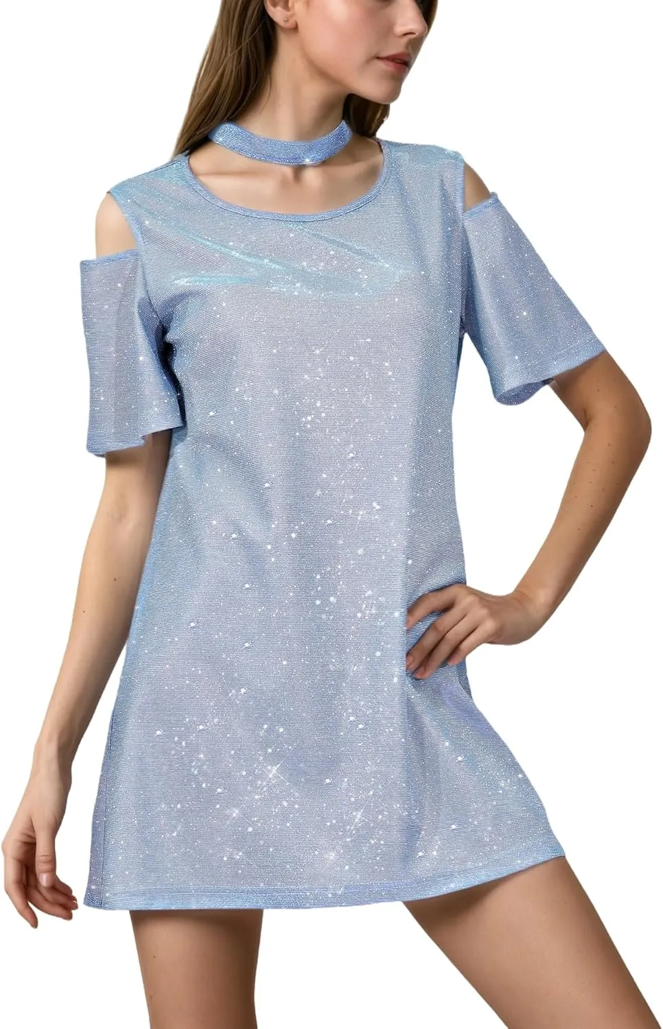 DAZCOS Sequin T-Shirt Dress for Women Sparkly Glitter Skirt for Party Night Casual Holiday