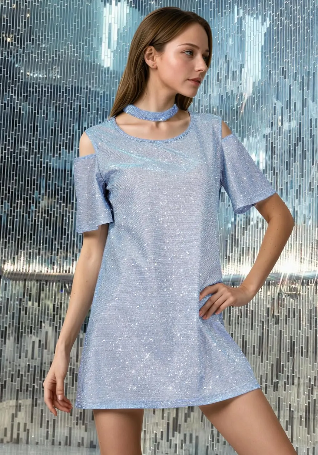 DAZCOS Sequin T-Shirt Dress for Women Sparkly Glitter Skirt for Party Night Casual Holiday