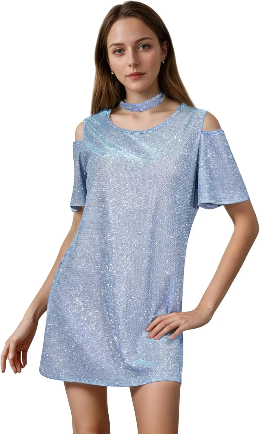 DAZCOS Sequin T-Shirt Dress for Women Sparkly Glitter Skirt for Party Night Casual Holiday