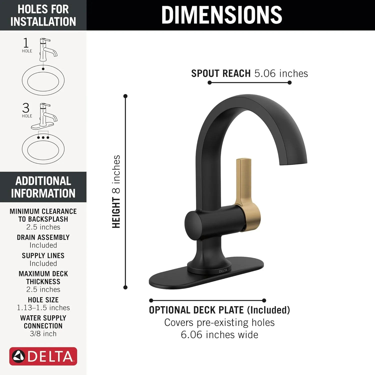 Delta Faucet Albion Single Hole Bathroom Faucet, Black/Gold Single Handle Bathroom Faucet, Bathroom Sink Faucet, Metal Push Pop-Up Drain Assembly, Matte Black/Champagne Bronze 15855LF-GZ