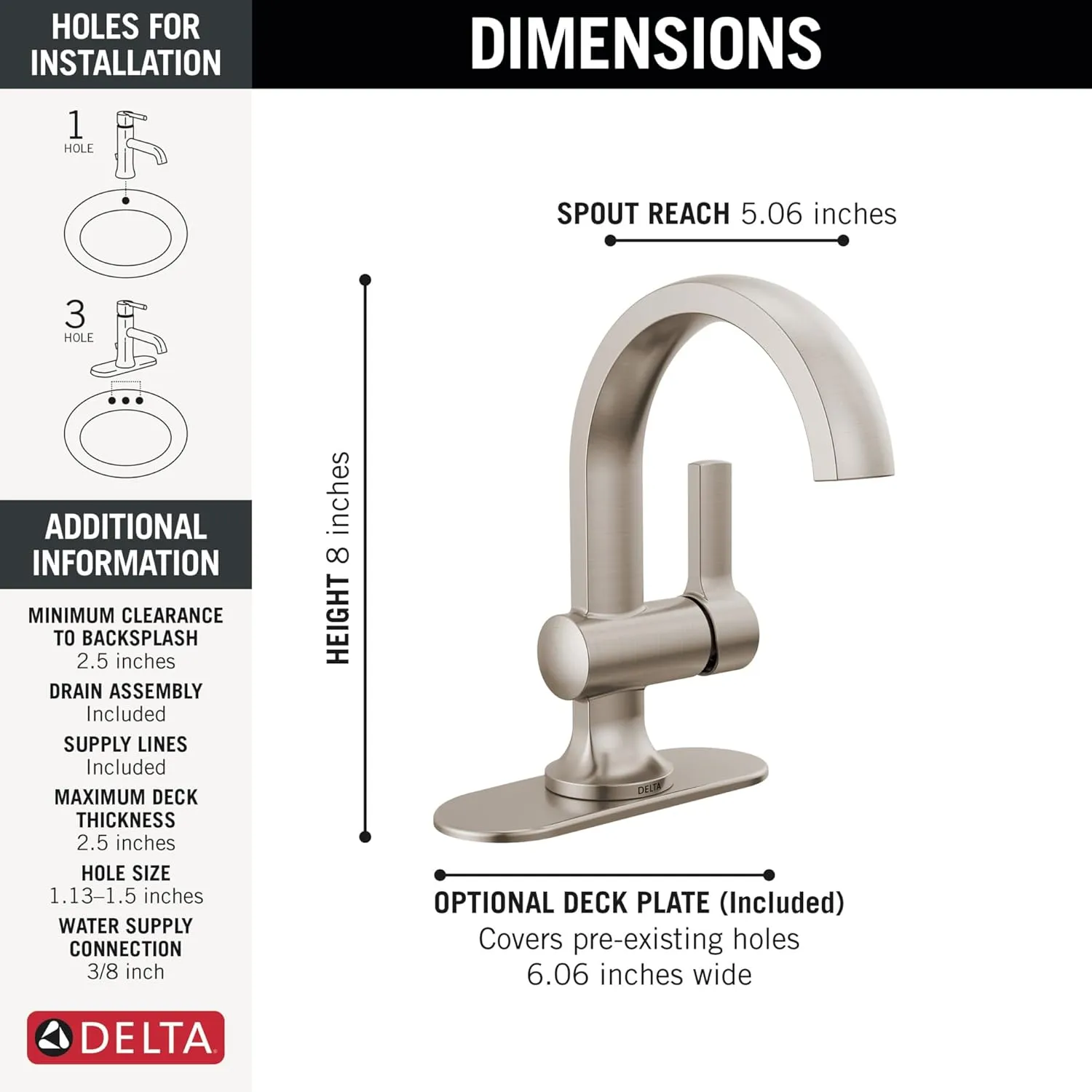Delta Faucet Albion Single Hole Bathroom Faucet, Brushed Nickel Single Handle Bathroom Faucet, Bathroom Sink Faucet, Metal Push Pop-Up Drain Assembly, SpotShield Brushed Nickel 15855LF-SP