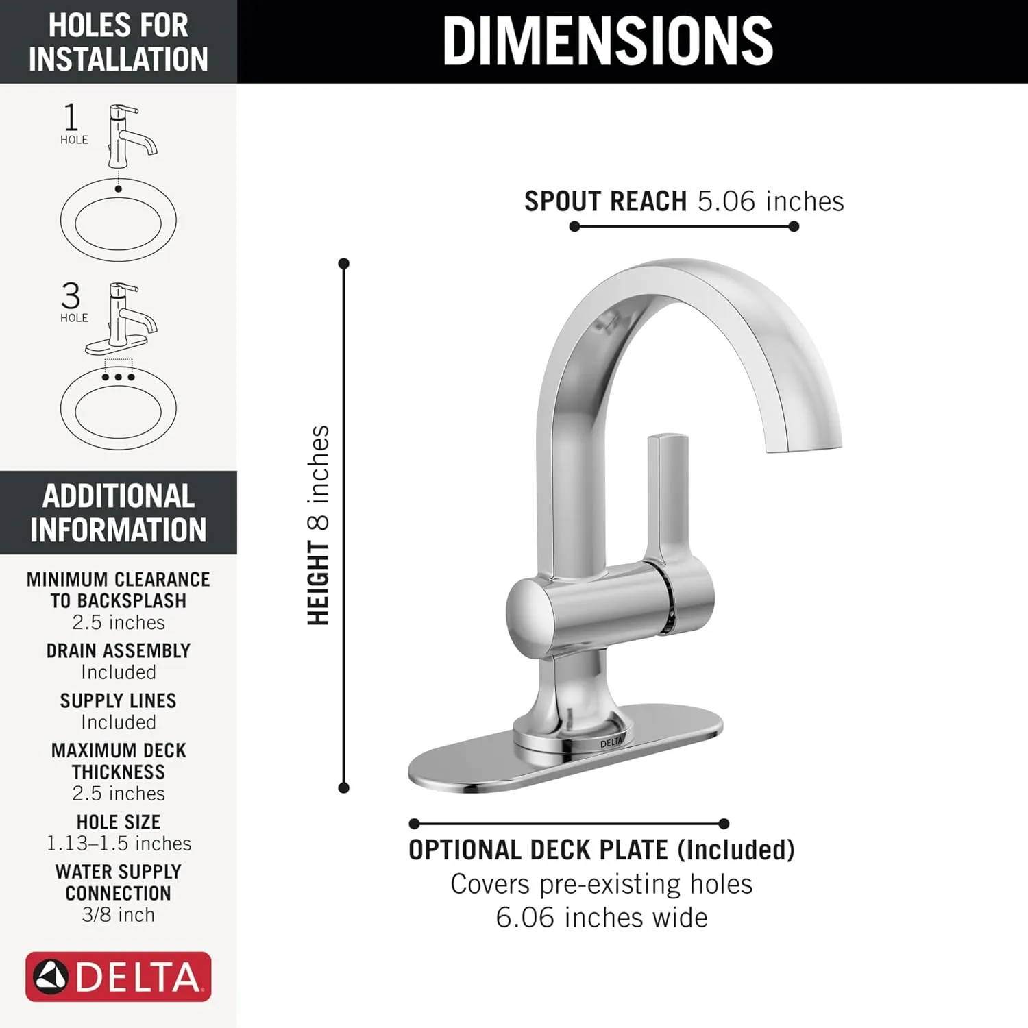 Delta Faucet Albion Single Hole Bathroom Faucet, Chrome Single Handle Bathroom Faucet, Bathroom Sink Faucet, Metal Push Pop-Up Drain Assembly, 1.2 GPM Flow Rate, Chrome 15855LF
