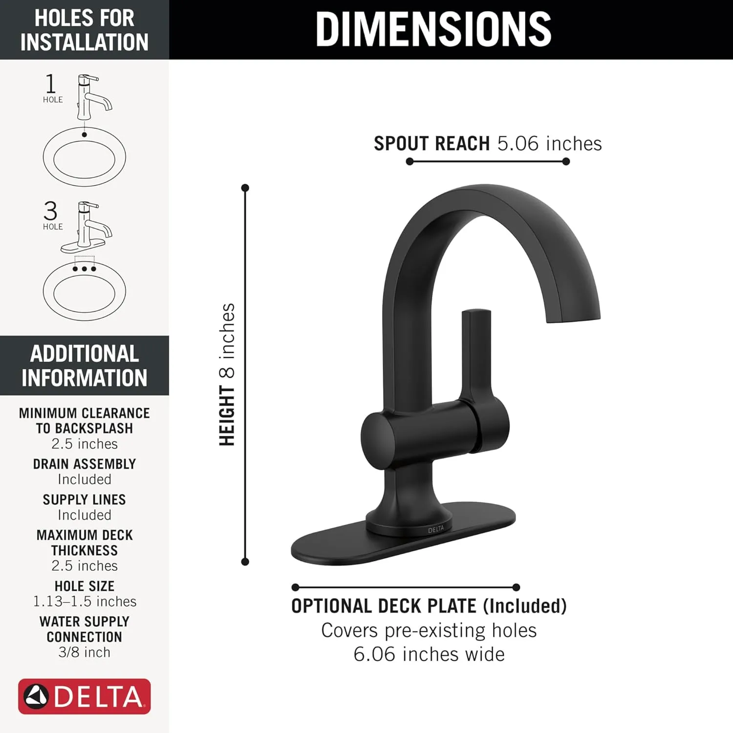 Delta Faucet Albion Single Hole Bathroom Faucet, Matte Black Single Handle Bathroom Faucet, Bathroom Sink Faucet, Metal Push Pop-Up Drain Assembly, 1.2 GPM Flow Rate, Matte Black 15855LF-BL