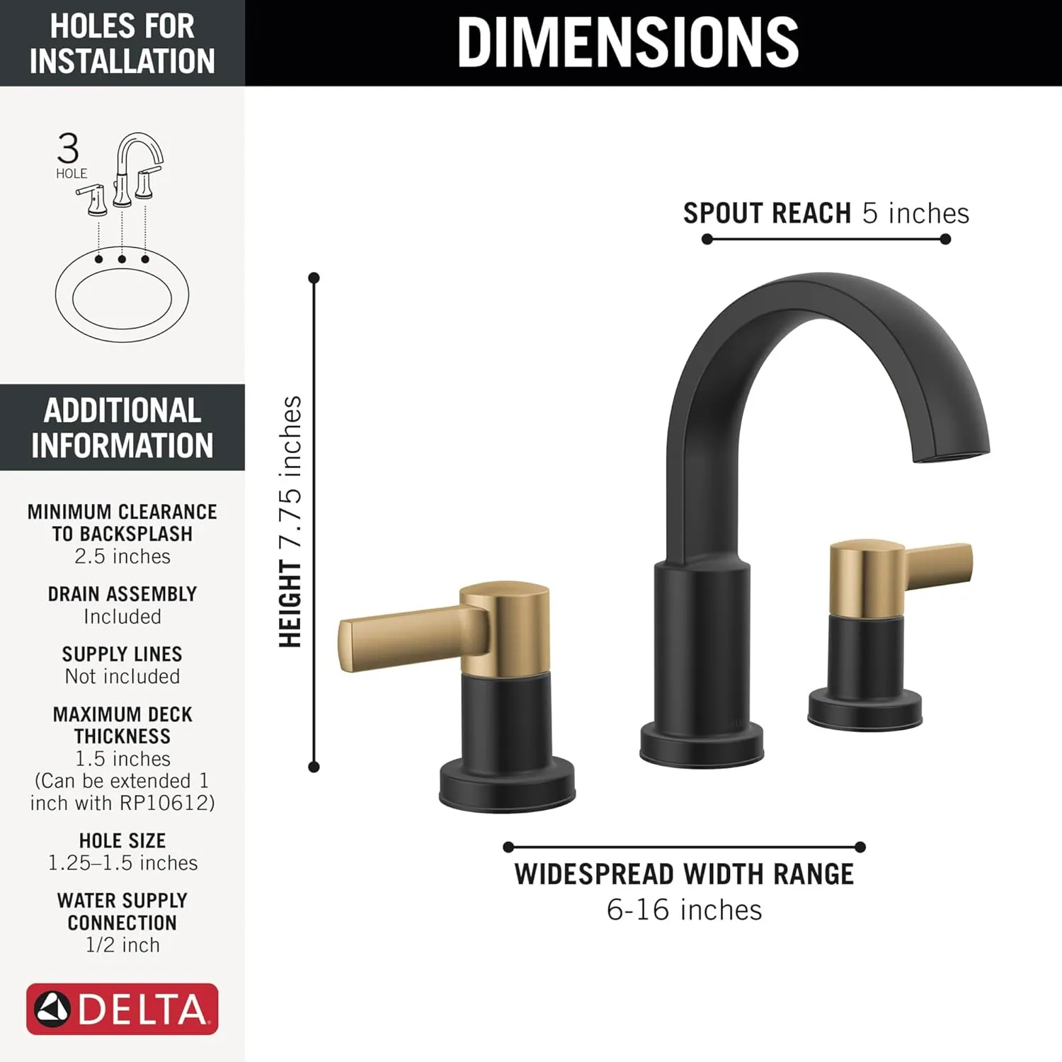 Delta Faucet Albion Widespread Bathroom Faucet 3-Hole, Black/Gold Bathroom Sink Faucet, 2-Handle Bathroom Faucet, Bath Faucet, Metal Push-Pop Drain Assembly, Matte Black/Champagne Bronze 35855LF-GZ