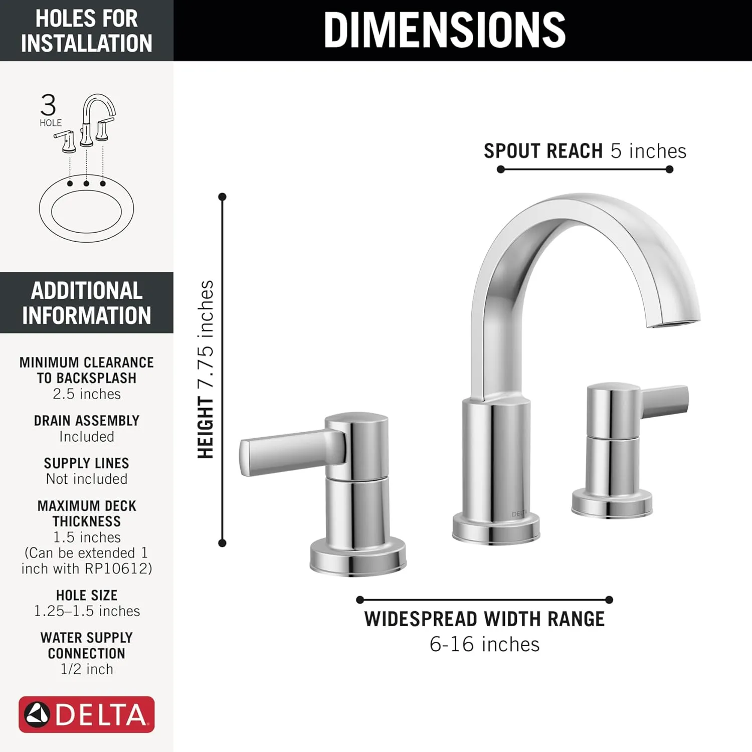 Delta Faucet Albion Widespread Bathroom Faucet 3-Hole, Chrome Bathroom Sink Faucet, 2-Handle Bathroom Faucet, Bath Faucet, Metal Push-Pop Drain Assembly, 1.2 GPM Flow Rate, Chrome 35855LF