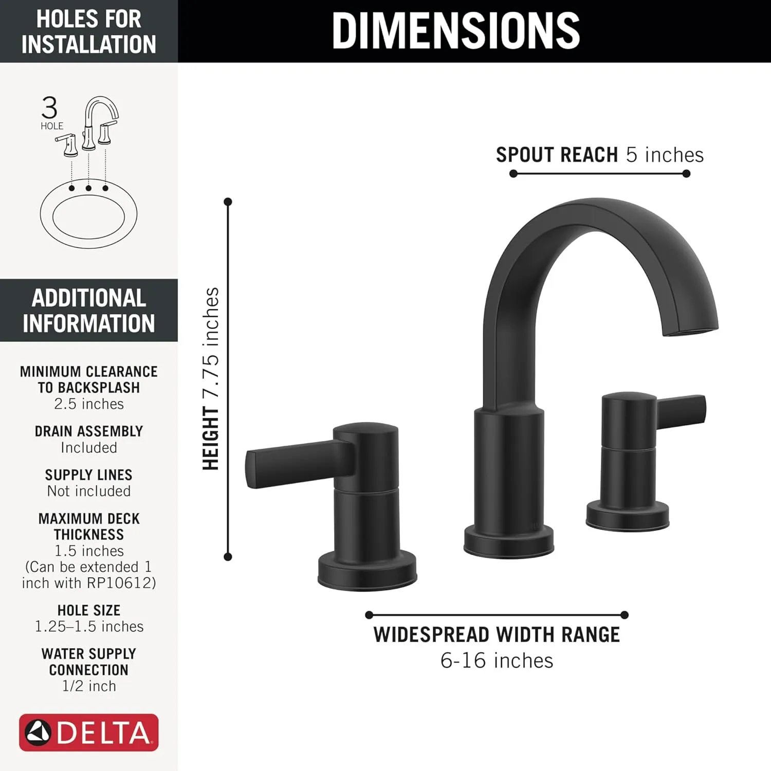 Delta Faucet Albion Widespread Bathroom Faucet 3-Hole, Matte Black Bathroom Sink Faucet, 2-Handle Bathroom Faucet, Bath Faucet, Metal Push-Pop Drain Assembly, Matte Black 35855LF-BL