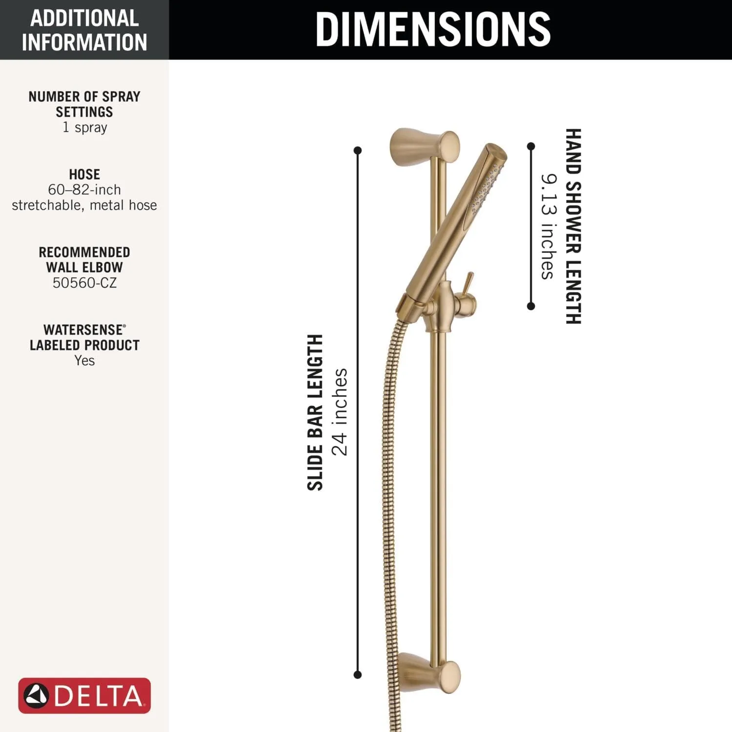 Delta Faucet Compel Slide Bar Hand Held Shower with Hose, Gold Handheld Shower Head, Slide Bar Hand Shower, Gold Handheld Shower, Detachable Shower Head, Champagne Bronze 7085-CZ