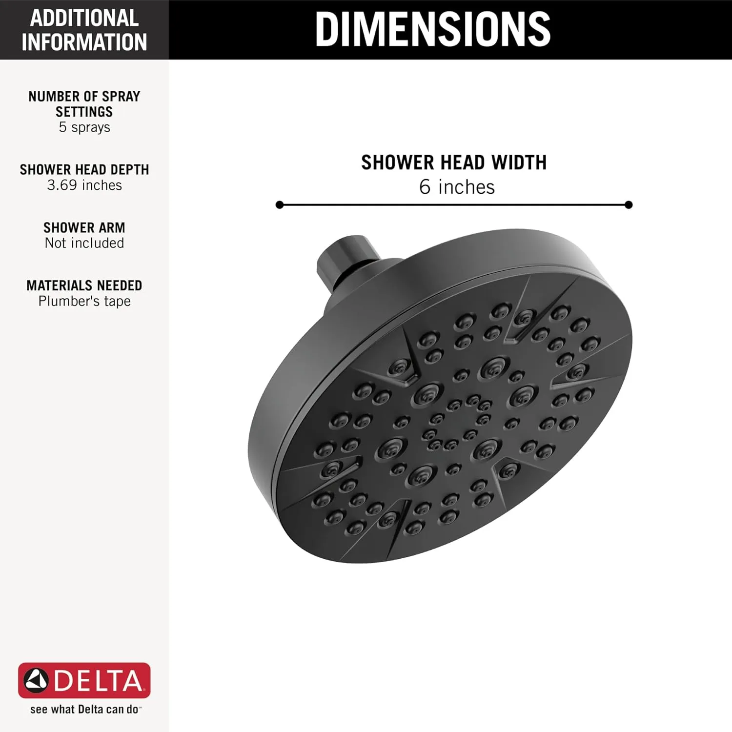 DELTA FAUCET FAUCET 5-Spray Matte Black Shower Head, DELTA FAUCET Shower Head Black, Showerheads, Shower Head Black Matte, 1.75 GPM Flow Rate, Matte Black 52535-BL