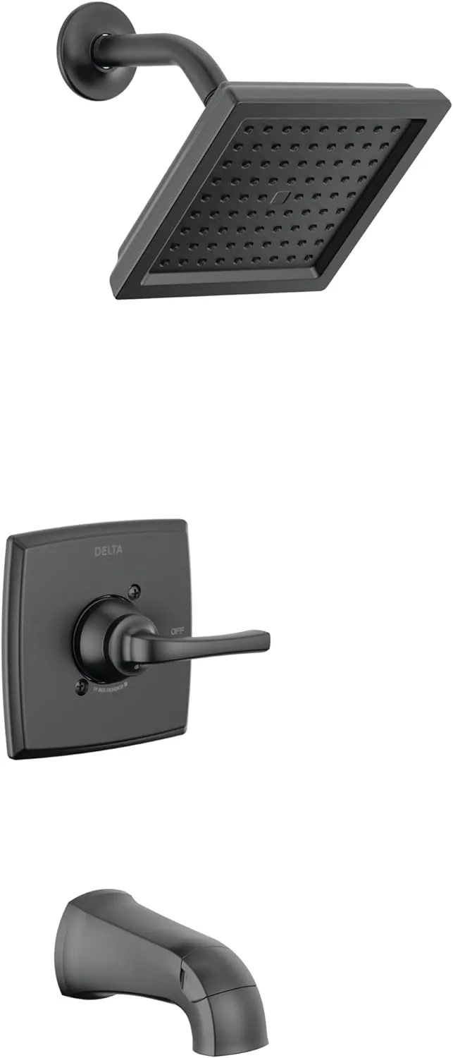 Delta Faucet Geist 14 Series Tub and Shower Trim Kit, Black Shower Faucet with Single-Spray Matte Black Shower Head, Shower Faucet Set Complete, Matte Black 144864-BL (Valve Included)