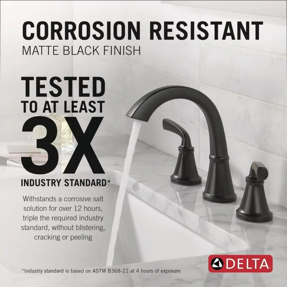 Delta Faucet Geist Widespread Bathroom Faucet 3 Hole, Matte Black Bathroom Faucet, Bathroom Sink Faucet, Bathroom Faucets for Sink 3 Hole, Drain Assembly Included, Matte Black 35864LF-BL