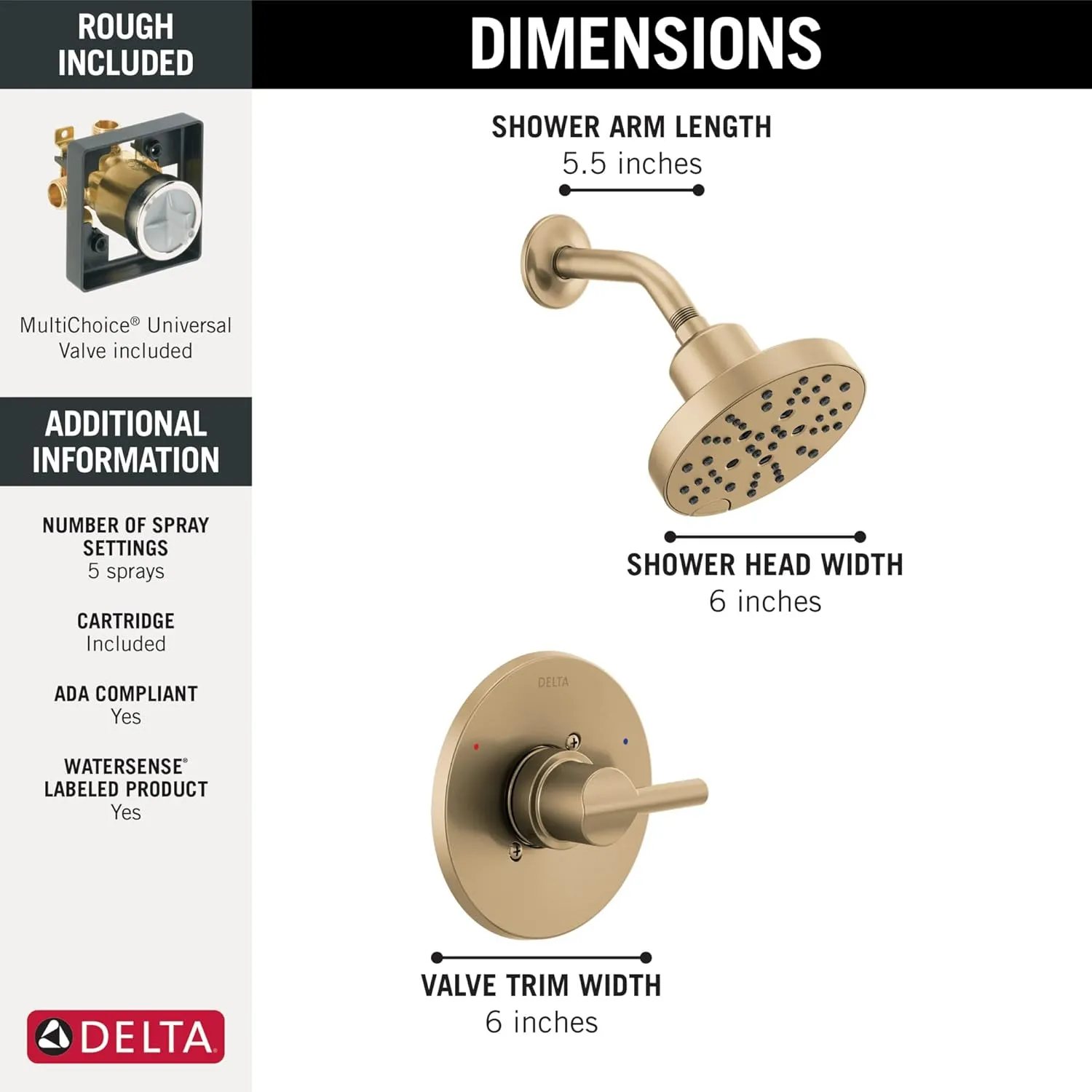 Delta Faucet Nicoli 14 Series Single-Handle Gold Shower Faucet, Shower Trim Kit with 5-Spray H2Okinetic Shower Head, Champagne Bronze 142749-CZ (Shower Valve Included)