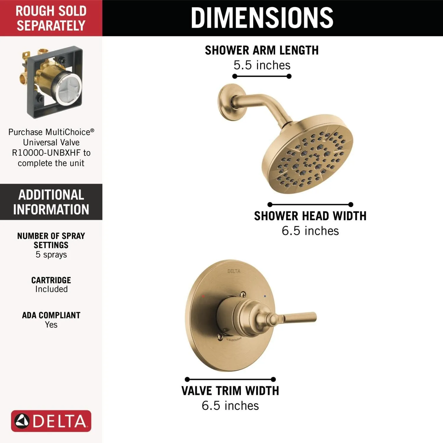 Delta Faucet Saylor 14 Series Gold Shower Valve Trim Kit, Delta Shower System, Shower Faucet Set, Gold Shower Fixture, Shower Head and Handle Set, Champagne Bronze T14235-CZ (Valve Not Included)