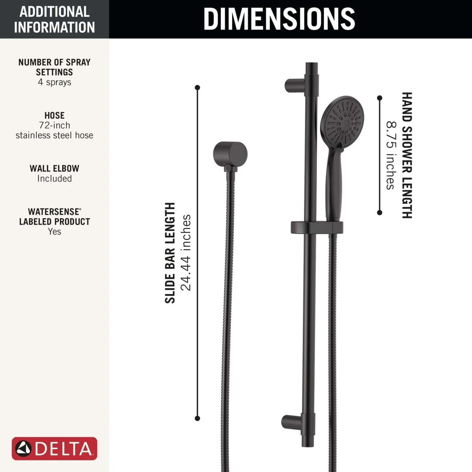 Delta Faucet Slide Bar Hand Held Shower with Hose, Black Handheld Shower Head, Slide Bar Hand Shower, Handheld Shower, Detachable Shower Head, Matte Black 51361-BL