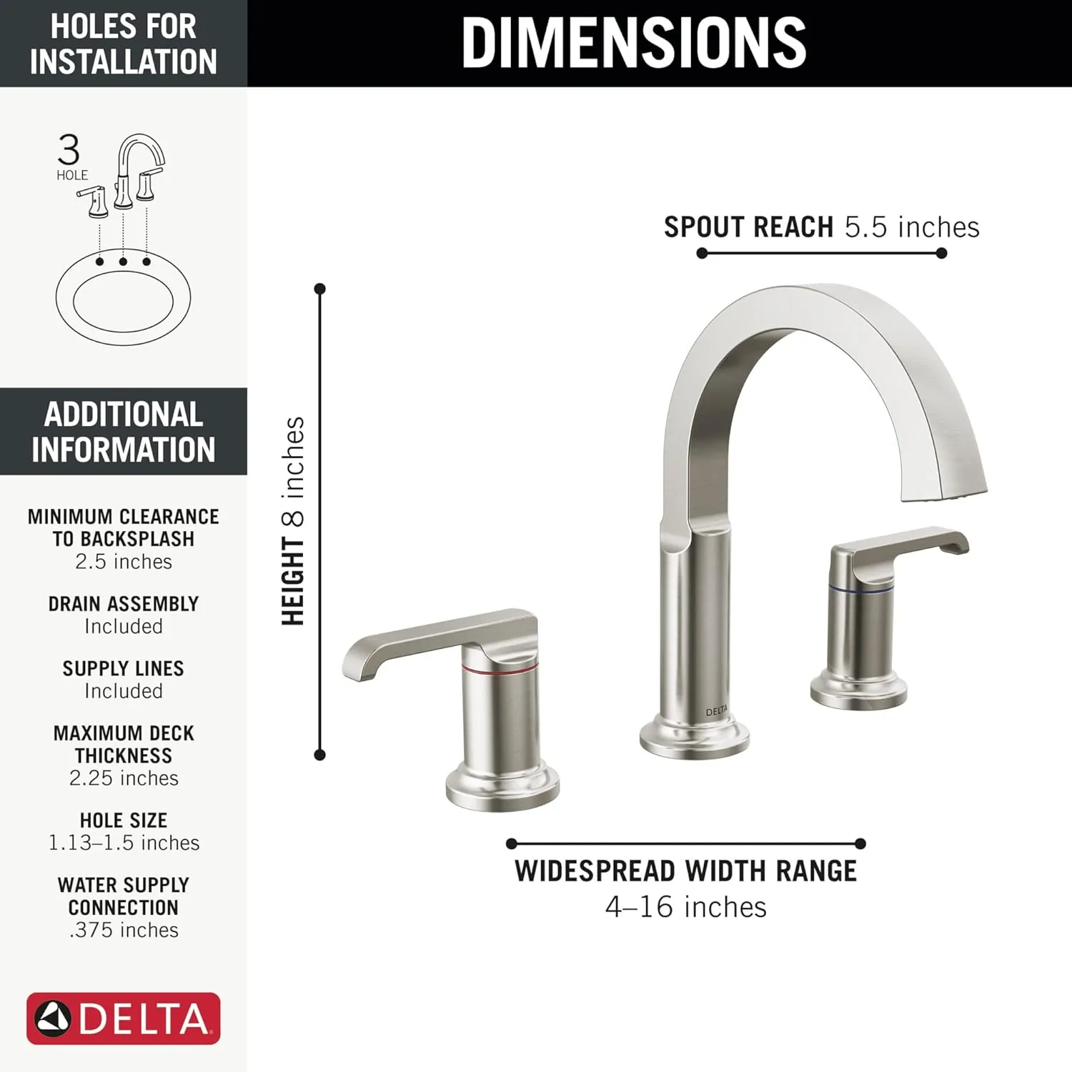 Delta Faucet Tetra Brushed Nickel Widespread Bathroom Faucet 3 Hole, Bathroom Faucet for Bathroom Sink, Bathroom Sink Faucet, Diamond Seal Technology, Metal Drain, Lumicoat Stainless 35588-SS-PR-DST